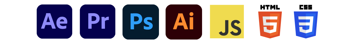 Tools used for this project: Adobe After Effects, Adobe Premiere Pro, Adobe Illustrator, Adobe Photoshop, Javascript, CSS, and HTML